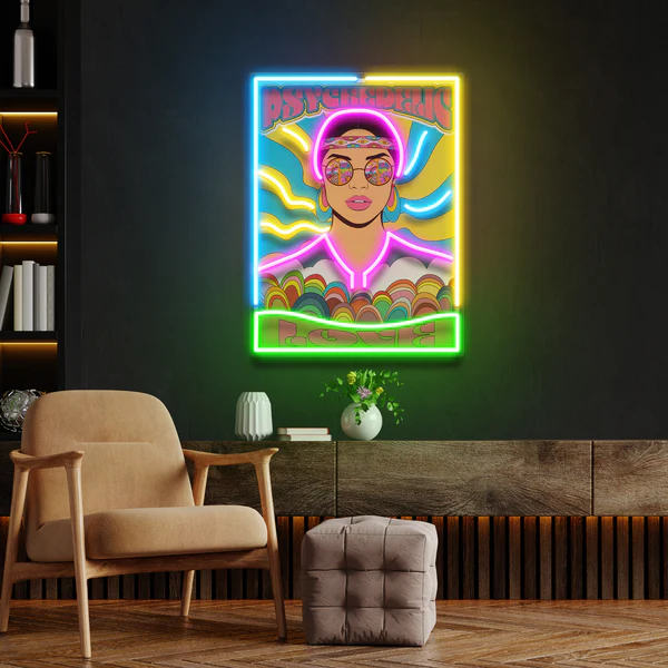 Vintage Hippie Woman Psychedelic Pop Art Led Neon Sign Light