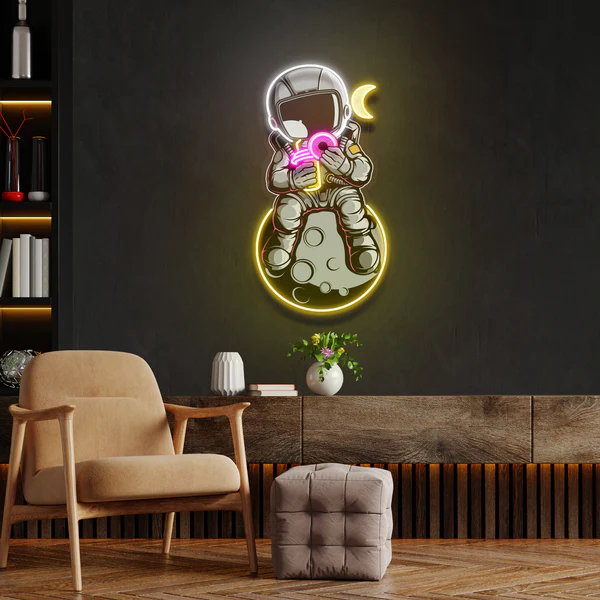 Astronaut With Donut And Coffee On Moon Artwork Led Neon Sign Light