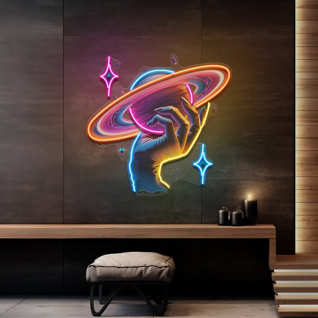 Hand Holding Saturn In Galaxy Art Style LED Neon Sign Light Pop Art - Image 2