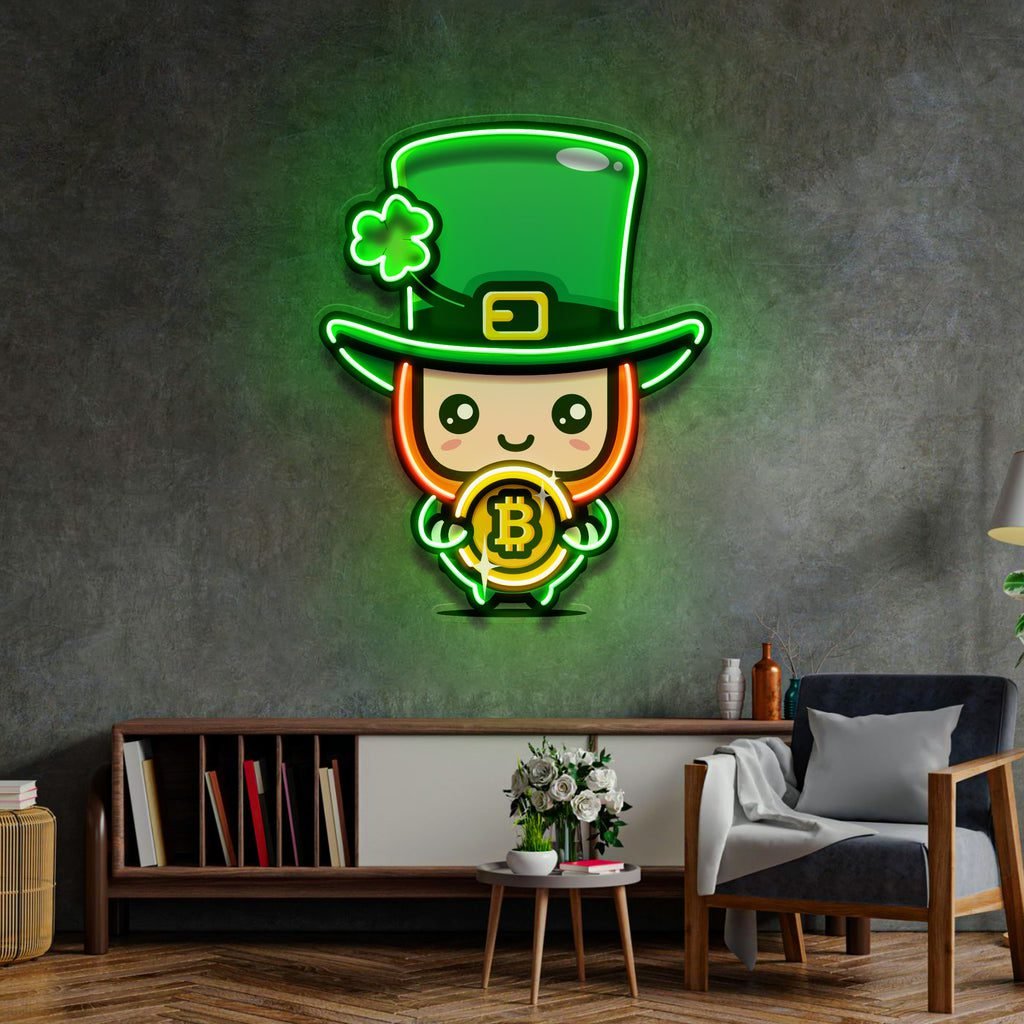 Leprechaun Hugging Bitcoin LED Neon Sign Light Pop Art - Image 2